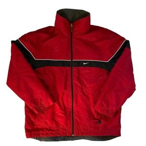 Nike‎ Red Jacket Full Zip Fleece Lined Spell Out Coat Mens Sz Large Zip Pockets